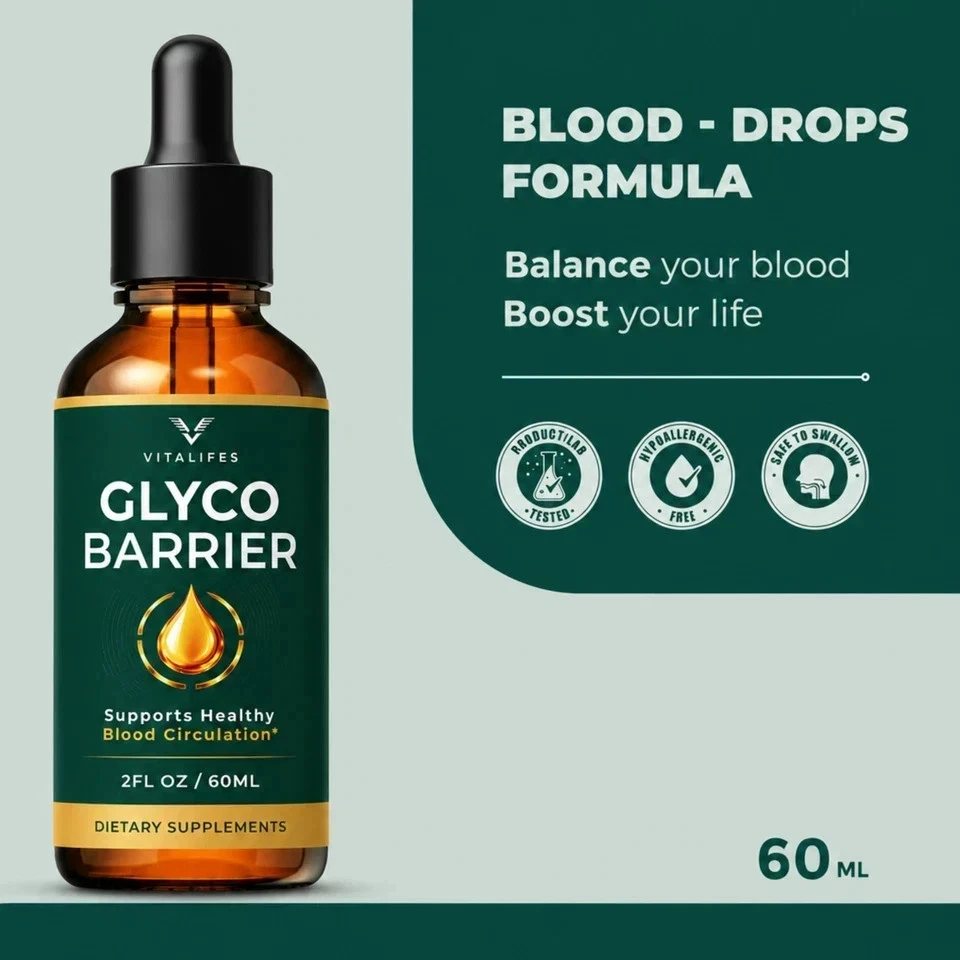 GlycoBarrier blood-drops formula marketing panel, 60 ml