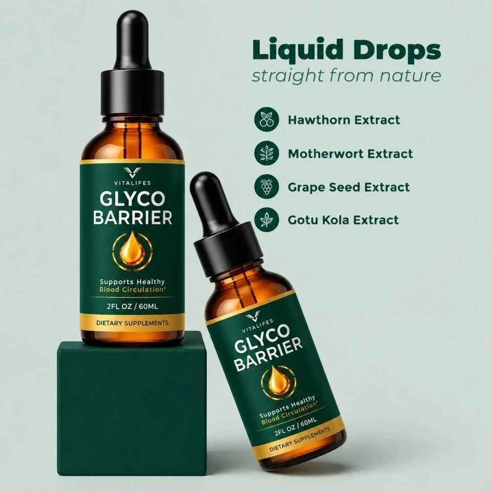 GlycoBarrier marketing panel naming hawthorn, motherwort, grape seed and gotu kola