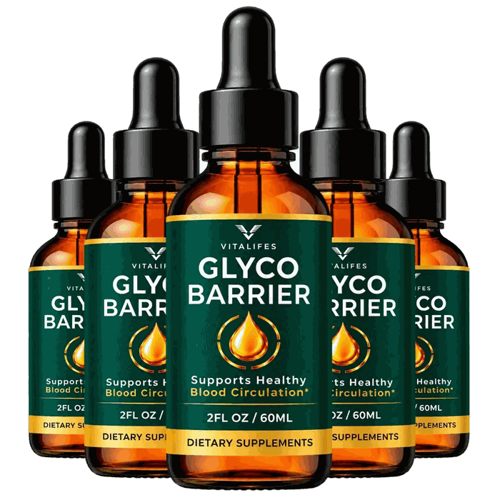 Five GlycoBarrier dropper bottles arranged together