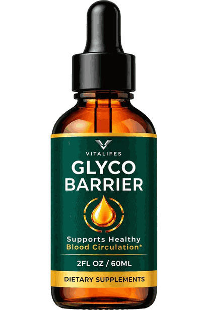 GlycoBarrier 60 ml amber dropper bottle with a dark green and gold label reading Supports Healthy Blood Circulation