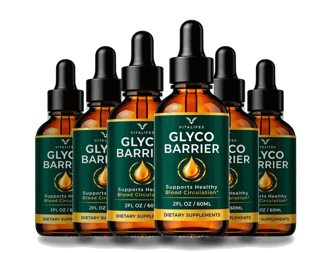 Six GlycoBarrier dropper bottles in a row